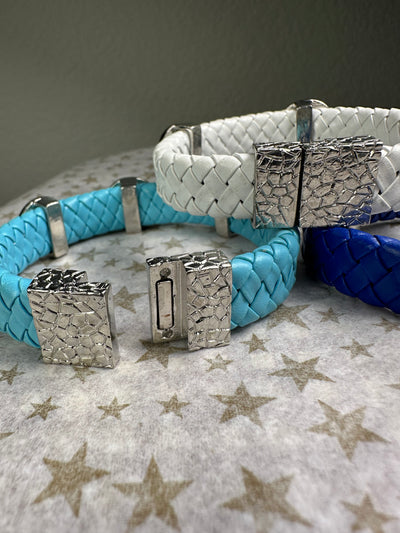 Sky Blue Braided Faux Leather Bangle Bracelet with Peace sign motifs