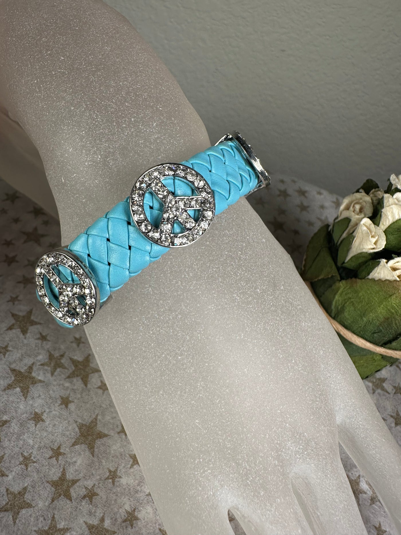 Sky Blue Braided Faux Leather Bangle Bracelet with Peace sign motifs