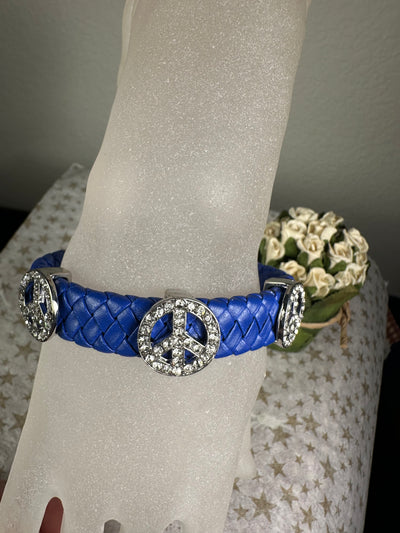 Cobalt Blue Braided Faux Leather Bangle Bracelet with Peace Sign Motifs