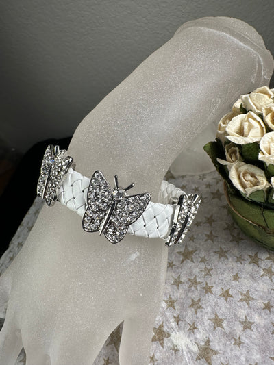 White Braided Faux Leather Bangle Bracelet with encrusted crystal Butterfly motifs