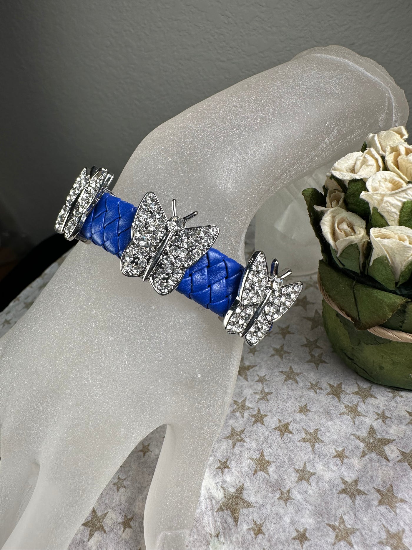 Cobalt Blue Braided Faux Leather Bangle Bracelet with encrusted crystal Butterfly motifs