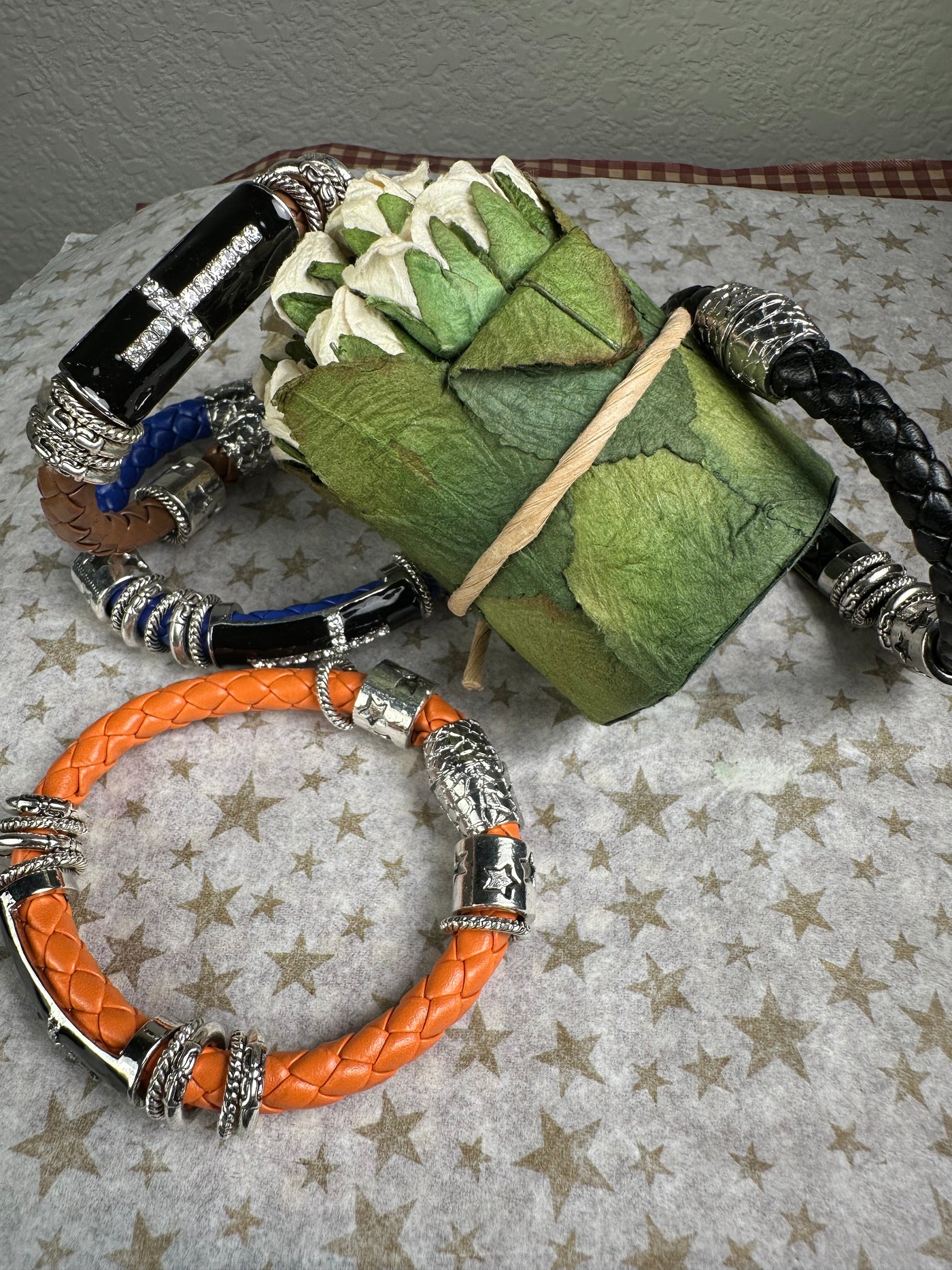 Cross Motif Braided Faux Leather Bracelet in Orange Color