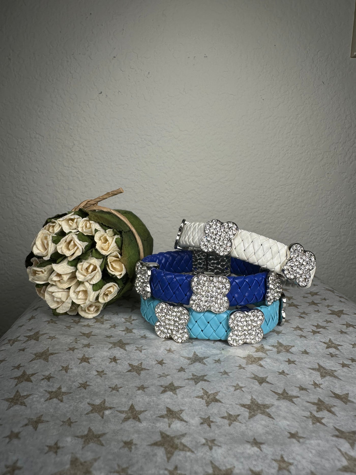 White Braided Faux Leather Bangle Bracelet with Floral Motifs