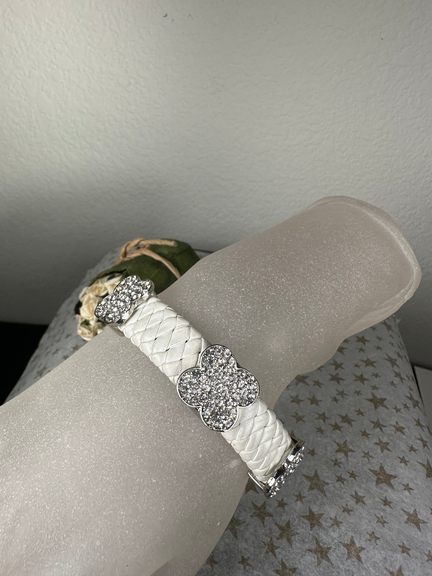 White Braided Faux Leather Bangle Bracelet with Floral Motifs