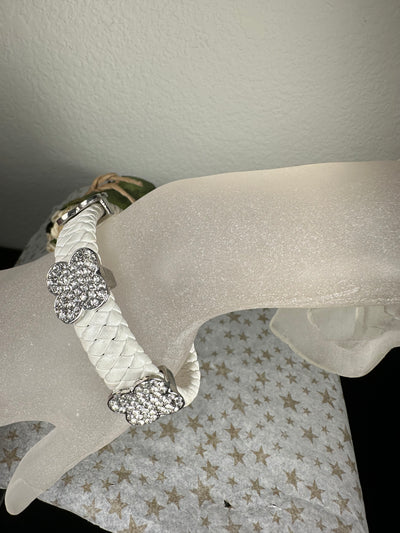 White Braided Faux Leather Bangle Bracelet with Floral Motifs