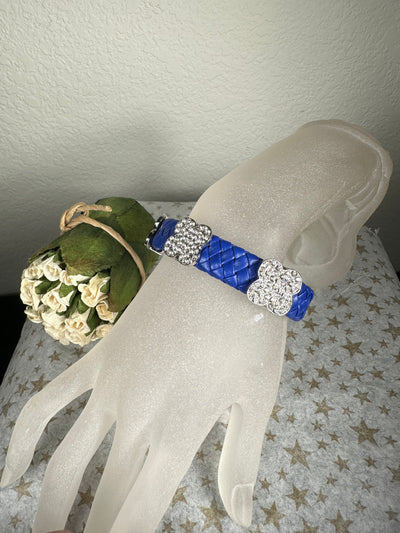 Cobalt Blue Braided Faux Leather Bangle Bracelet with Floral Motifs