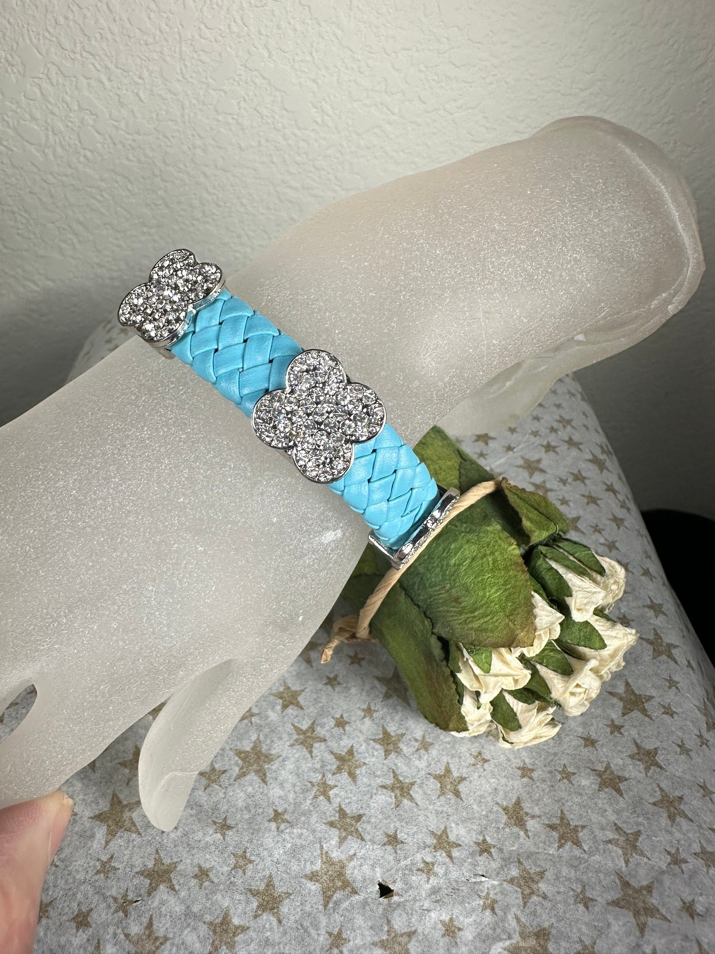 Sky Blue Braided Faux Leather Bangle Bracelet with Floral motifs