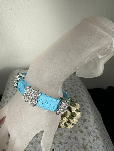 Sky Blue Braided Faux Leather Bangle Bracelet with Floral motifs