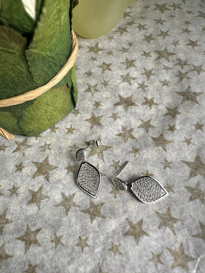 Silver Tone Pave Set Cubic Zirconia Dangling Leaf Earrings