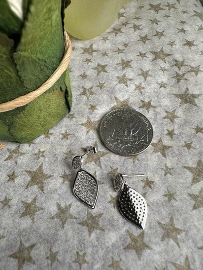 Silver Tone Pave Set Cubic Zirconia Dangling Leaf Earrings