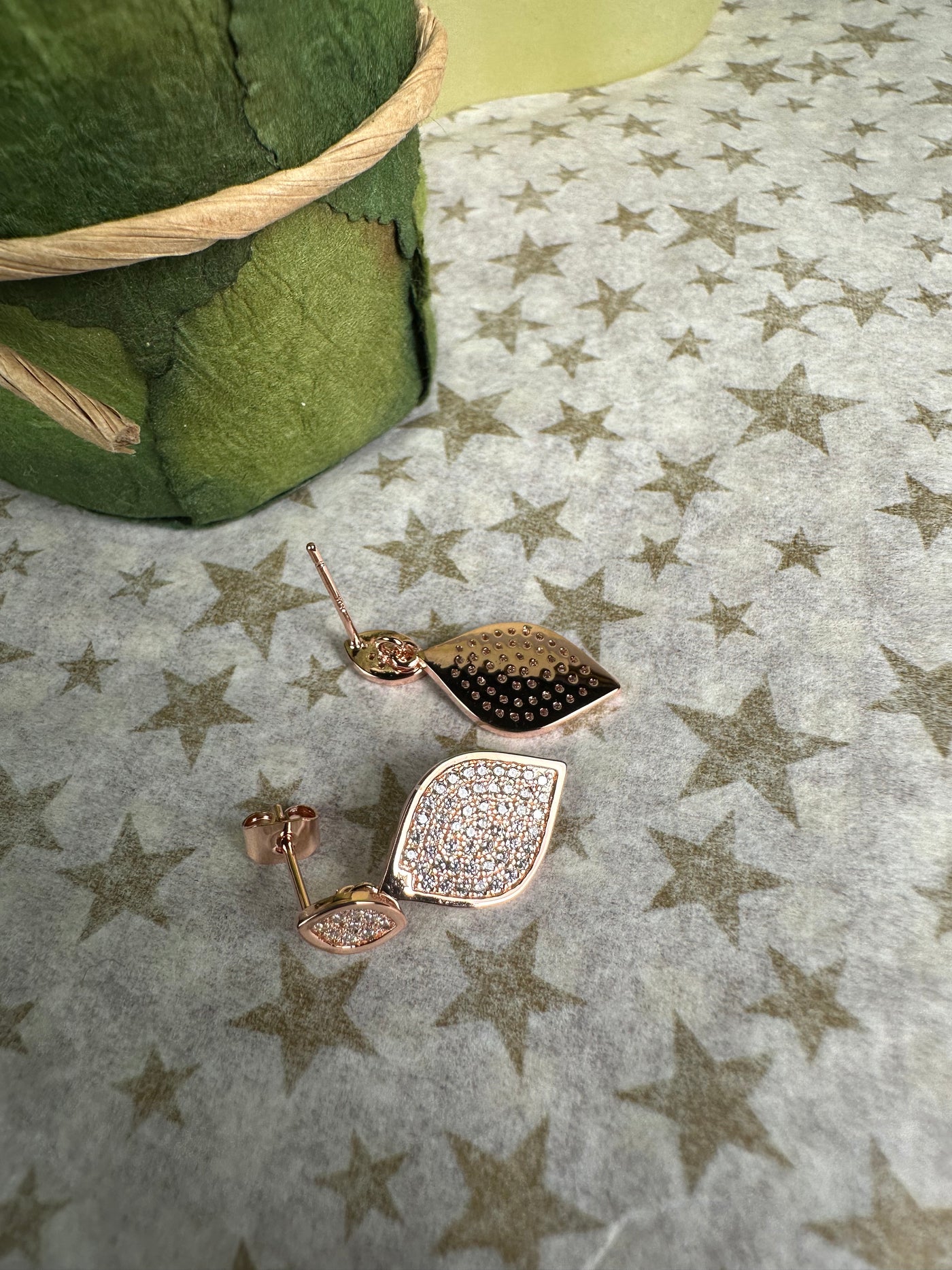 Rose Gold Tone Pave Set Cubic Zirconia Dangling Leaf Earrings