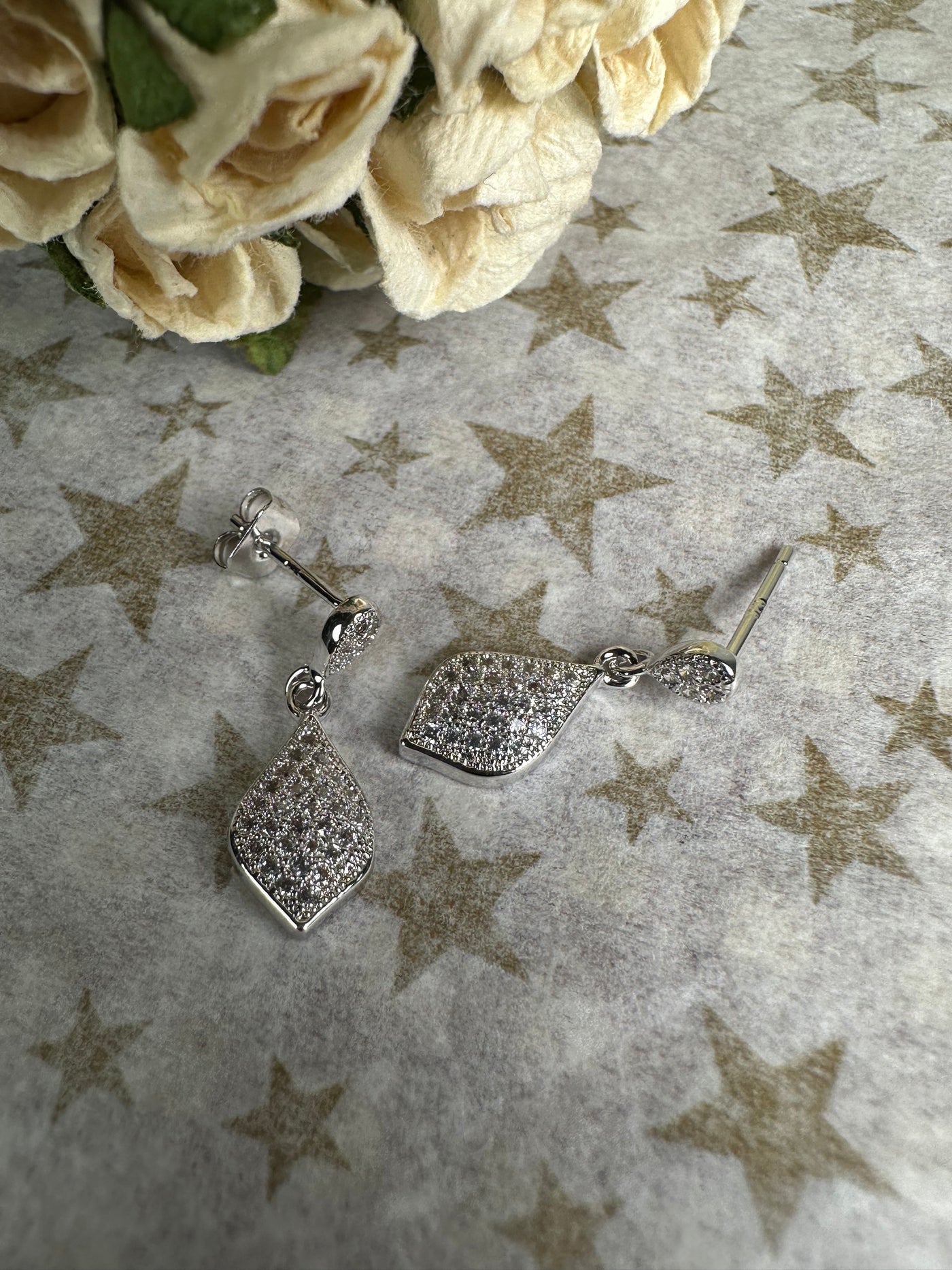 Silver Tone Pave Set Cubic Zirconia Diamond Shape Dangling Earrings