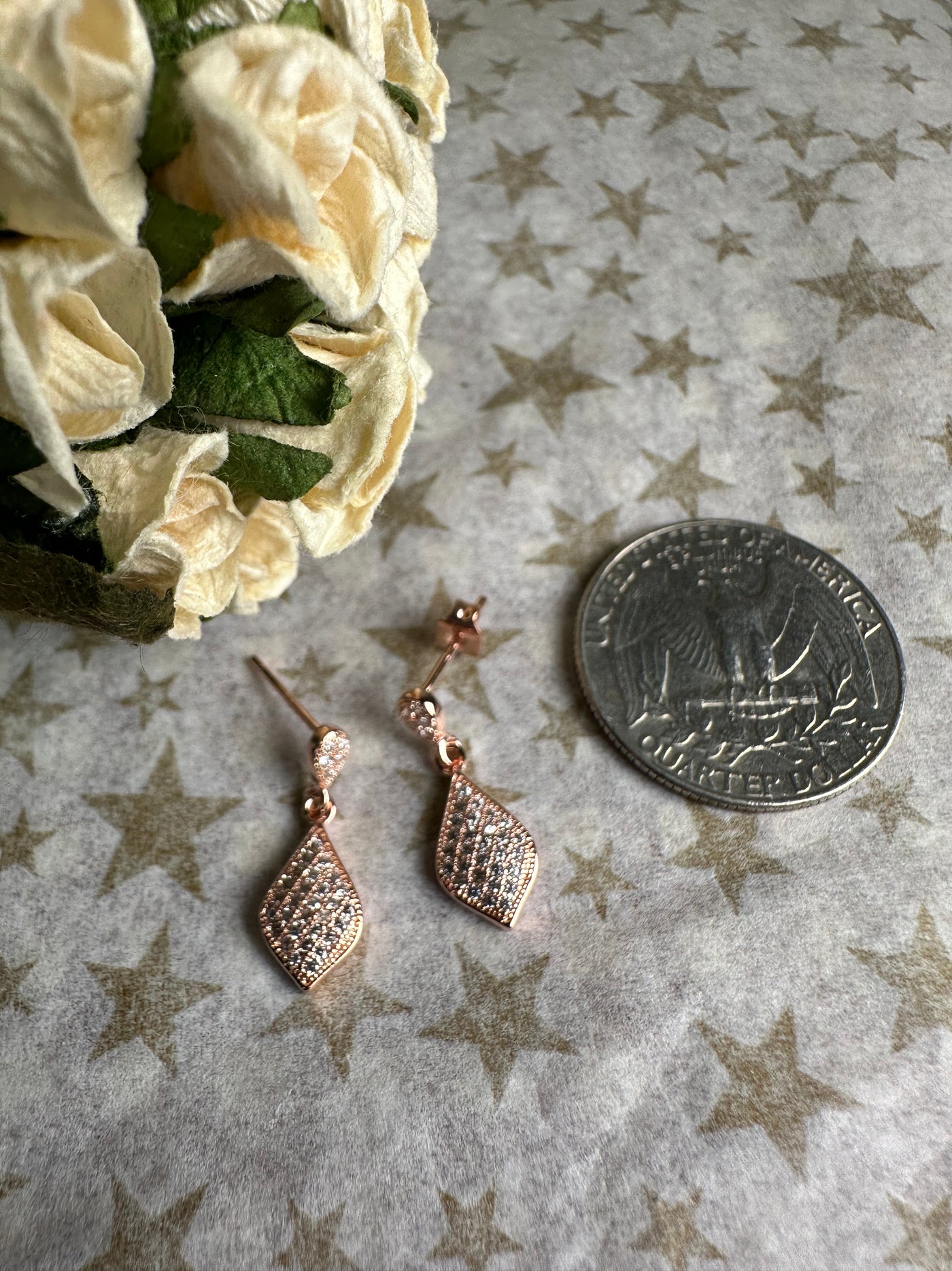 Rose Gold Tone Pave Set Cubic Zirconia Diamond Shape Dangling Earrings