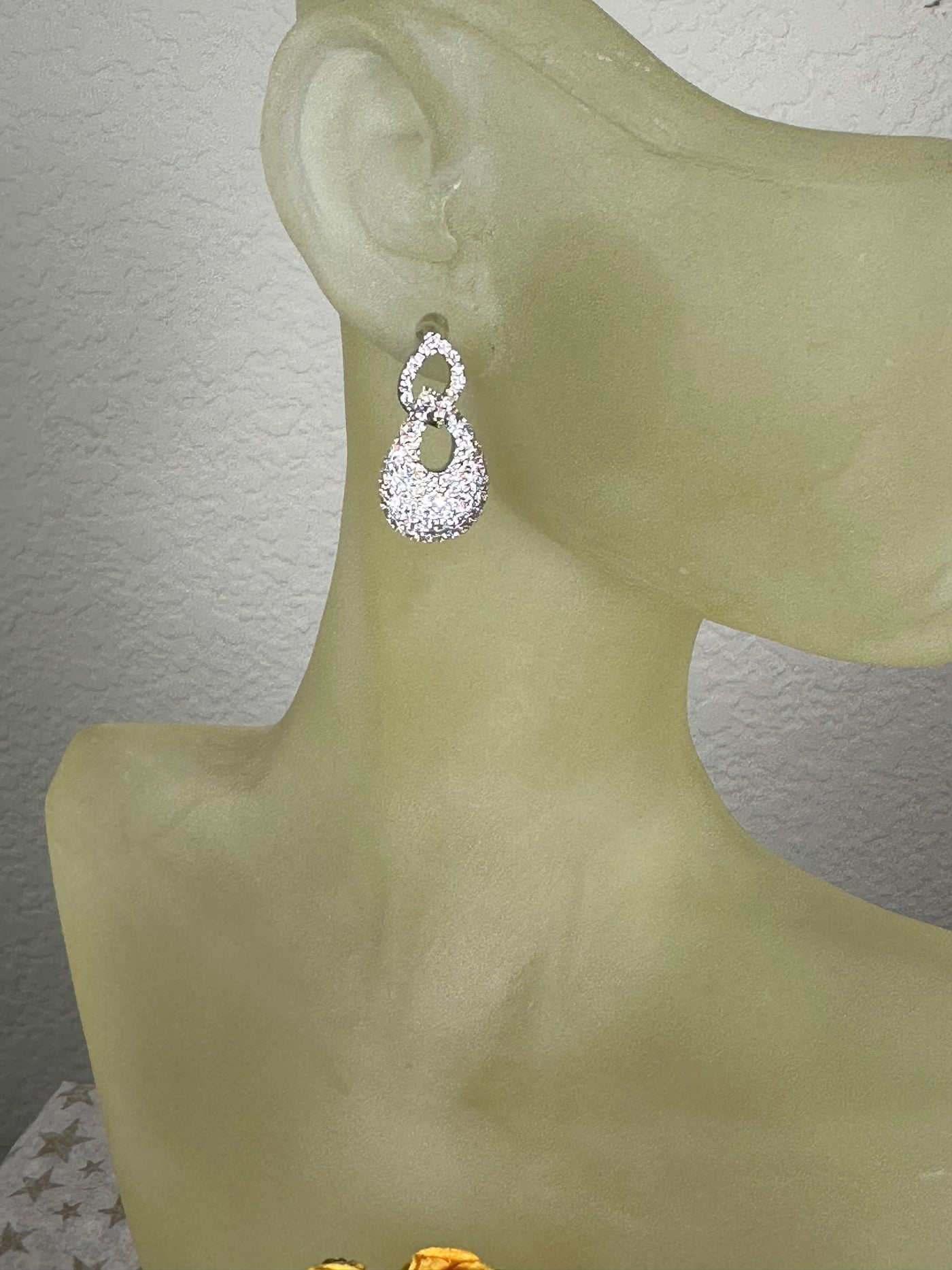Silver Tone Artsy Double Loop Earrings Decorated with Pave Set Cubic Zirconia