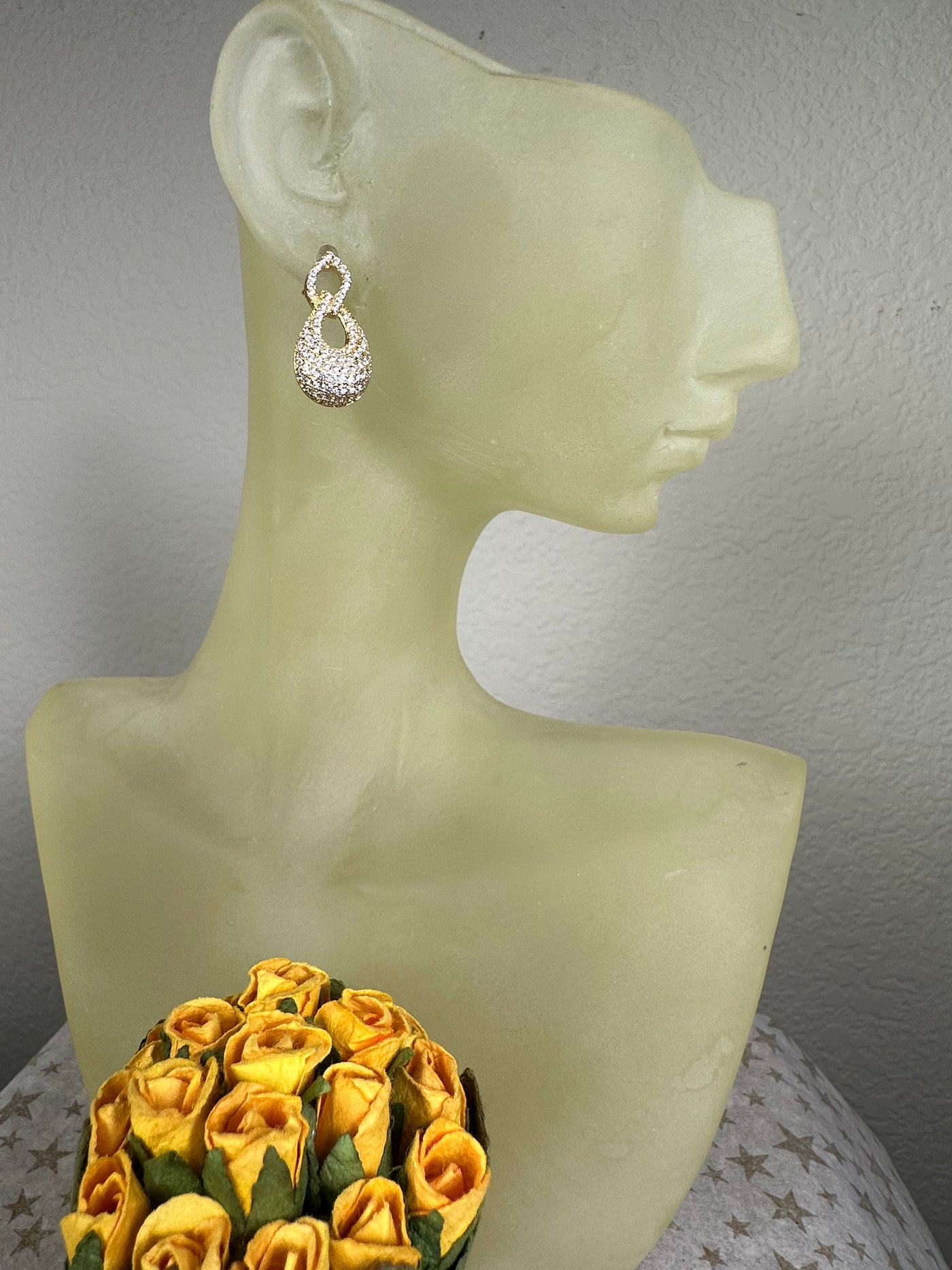 Yellow Gold Tone Artsy Double Loop Earrings Decorated with Pave Set Cubic Zirconia