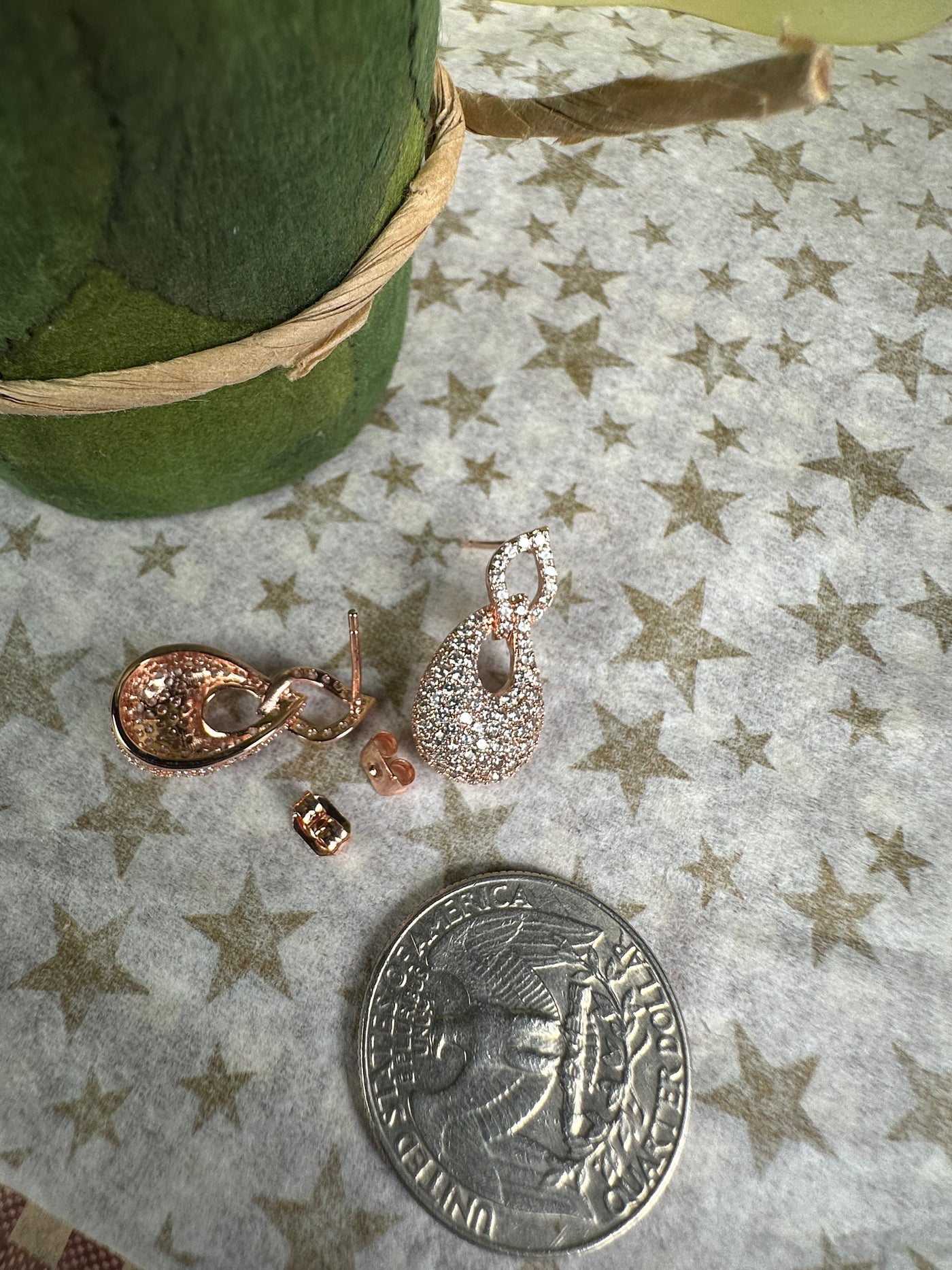 Rose Gold Tone Artsy Double Loop Earrings Decorated with Pave Set Cubic Zirconia