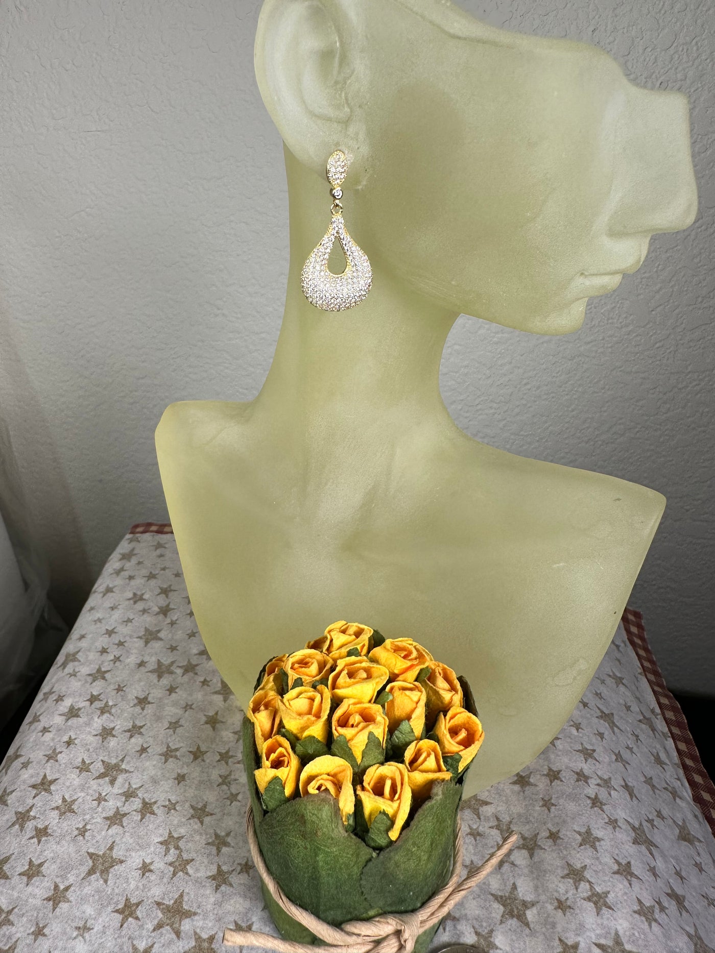 Yellow Tone Pave Set CZ "Kisses" Dangling Earrings