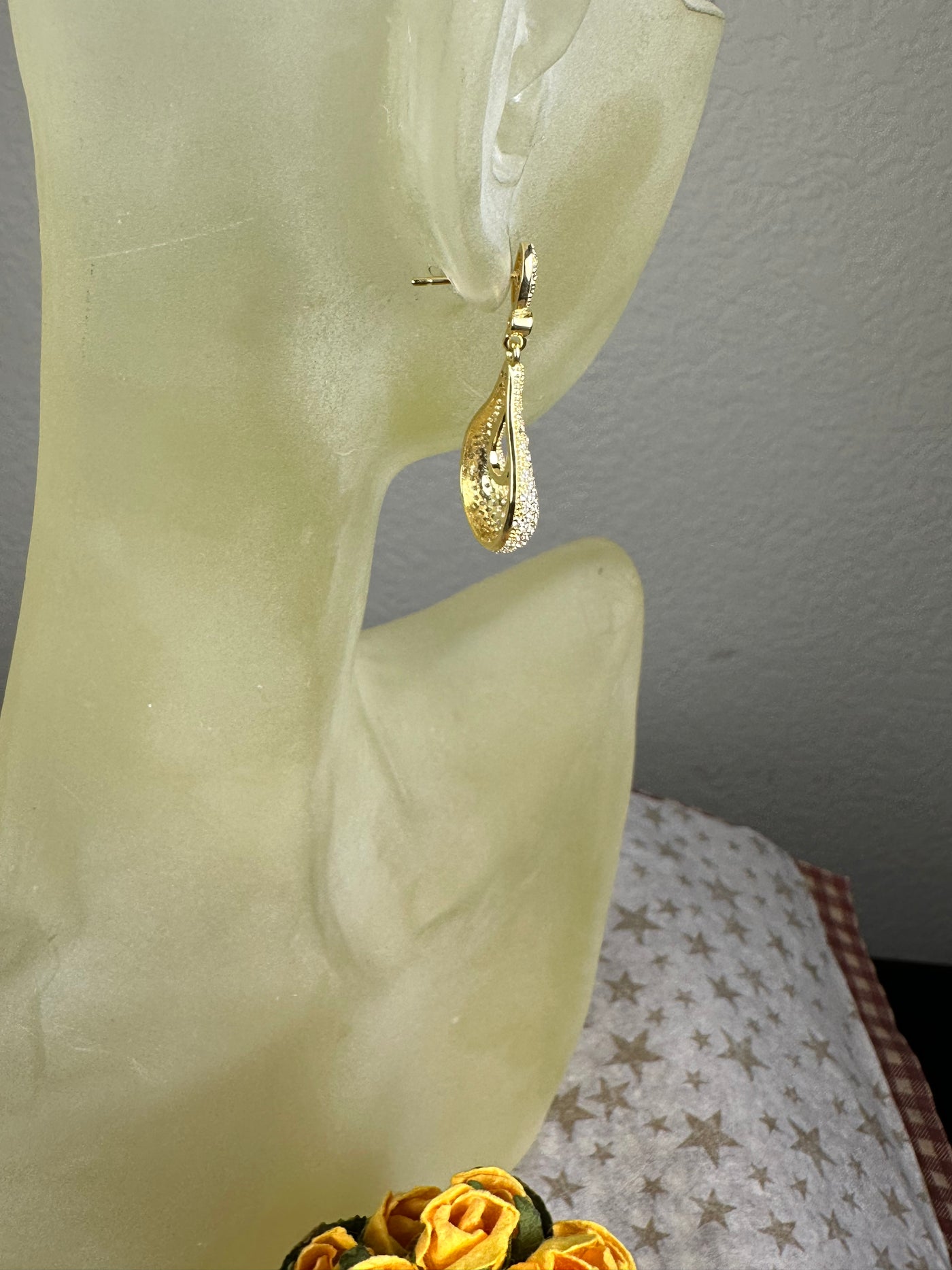 Yellow Tone Pave Set CZ "Kisses" Dangling Earrings