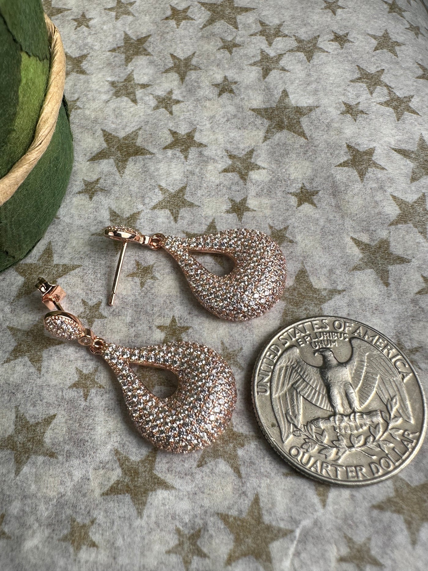 Rose Gold Tone Pave Set CZ "Kisses" Dangling Earrings