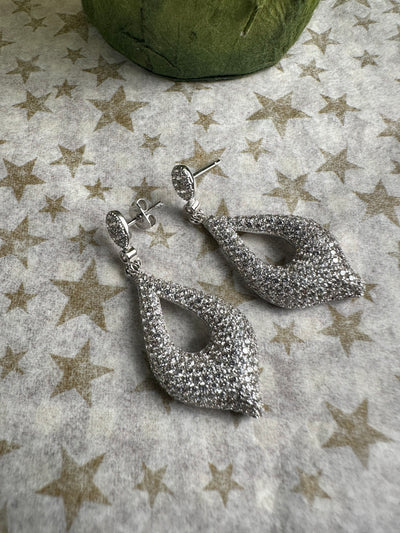Silver Tone Pave Set Cubic Zirconia Pointed Tear Shape Dangling Earrings