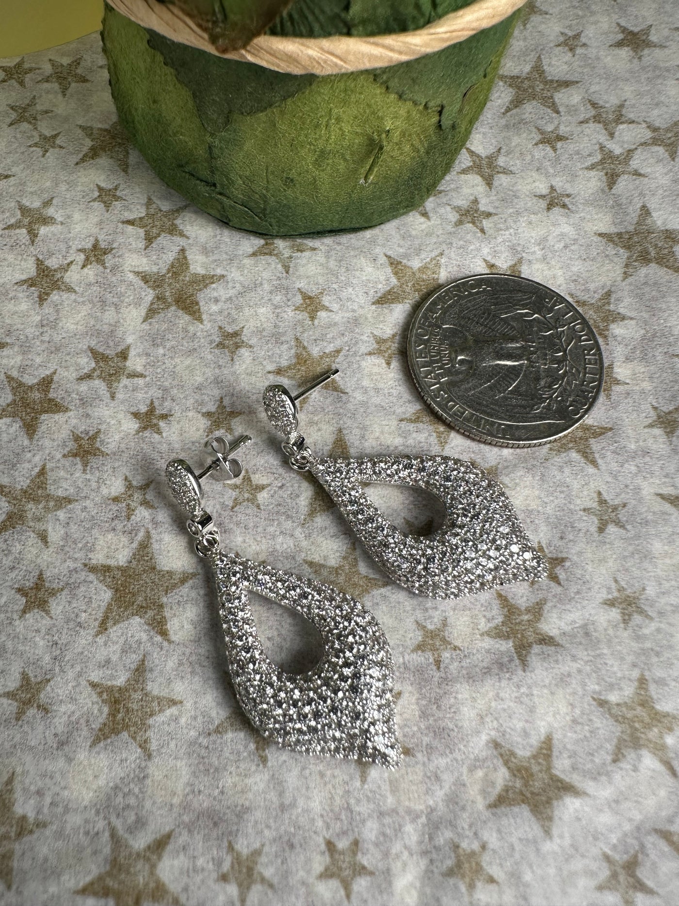 Silver Tone Pave Set Cubic Zirconia Pointed Tear Shape Dangling Earrings