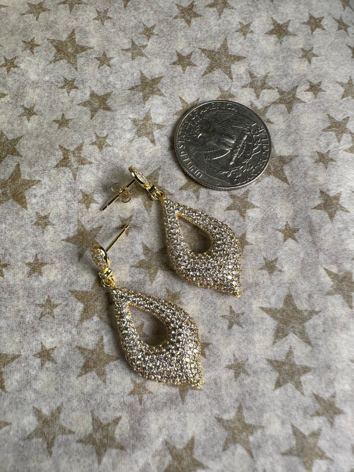 Yellow Gold Tone Pave Set Cubic Zirconia Pointed Tear Shape Dangling Earrings