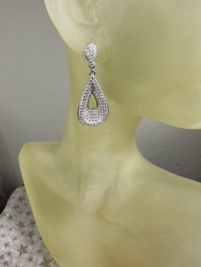 Silver Tone Pave Set Cubic Zirconia Raised Rim Cut Out Tear Shape Dangling Earrings