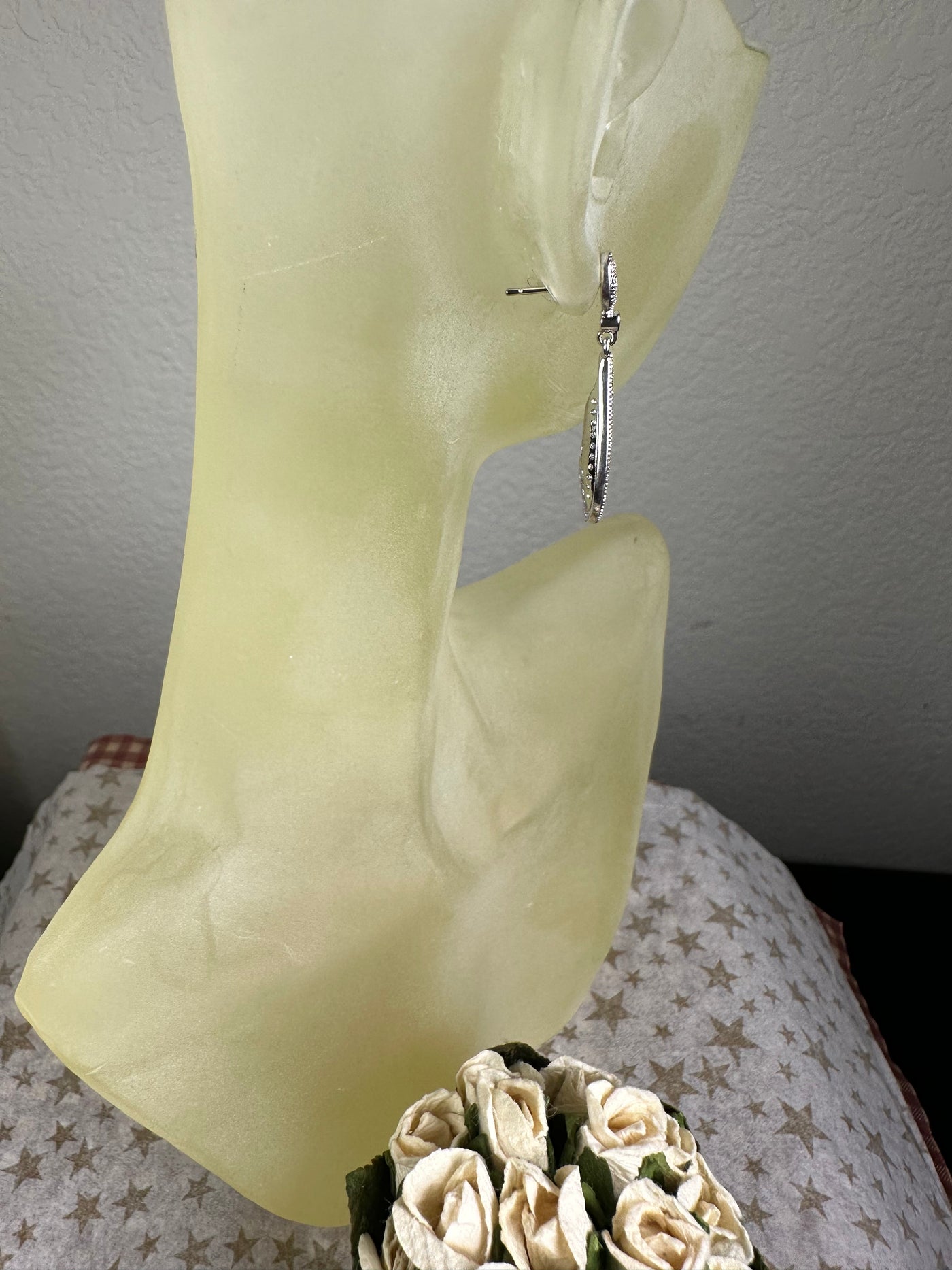 Silver Tone Pave Set Cubic Zirconia Raised Rim Cut Out Tear Shape Dangling Earrings