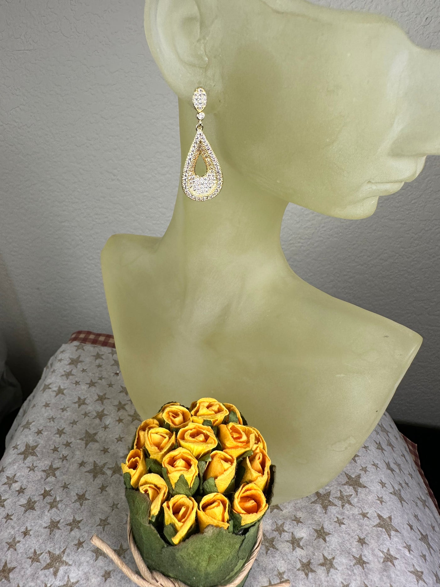 Yellow Gold Tone Pave Set Cubic Zirconia Raised Rim Cut Out Tear Shape Dangling Earrings