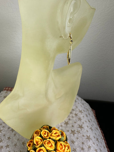 Yellow Gold Tone Pave Set Cubic Zirconia Raised Rim Cut Out Tear Shape Dangling Earrings