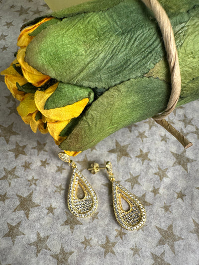 Yellow Gold Tone Pave Set Cubic Zirconia Raised Rim Cut Out Tear Shape Dangling Earrings