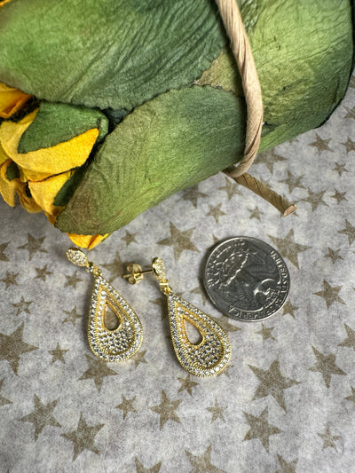 Yellow Gold Tone Pave Set Cubic Zirconia Raised Rim Cut Out Tear Shape Dangling Earrings