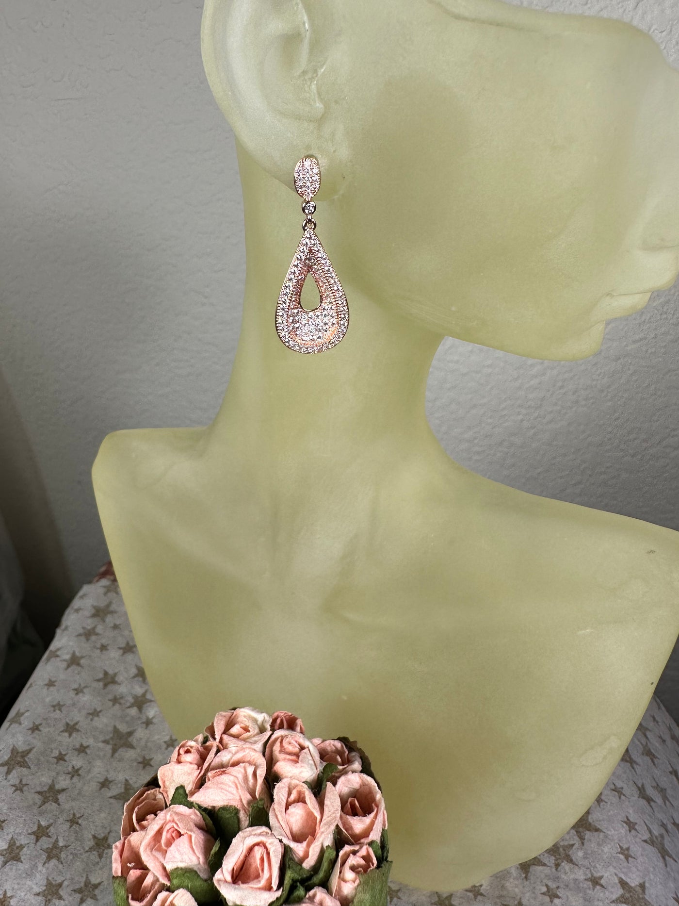 Rose Gold Tone Pave Set Cubic Zirconia Raised Rim Cut Out Tear Shape Dangling Earrings