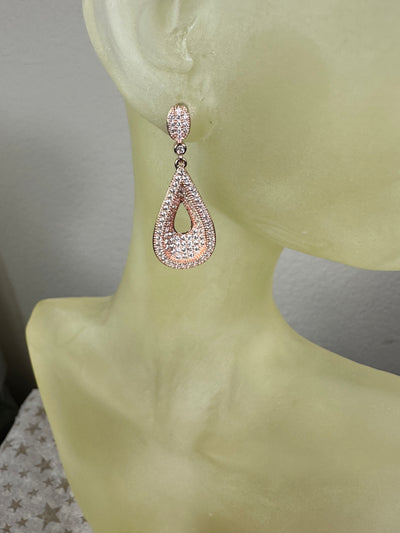 Rose Gold Tone Pave Set Cubic Zirconia Raised Rim Cut Out Tear Shape Dangling Earrings