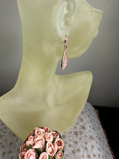 Rose Gold Tone Pave Set Cubic Zirconia Raised Rim Cut Out Tear Shape Dangling Earrings