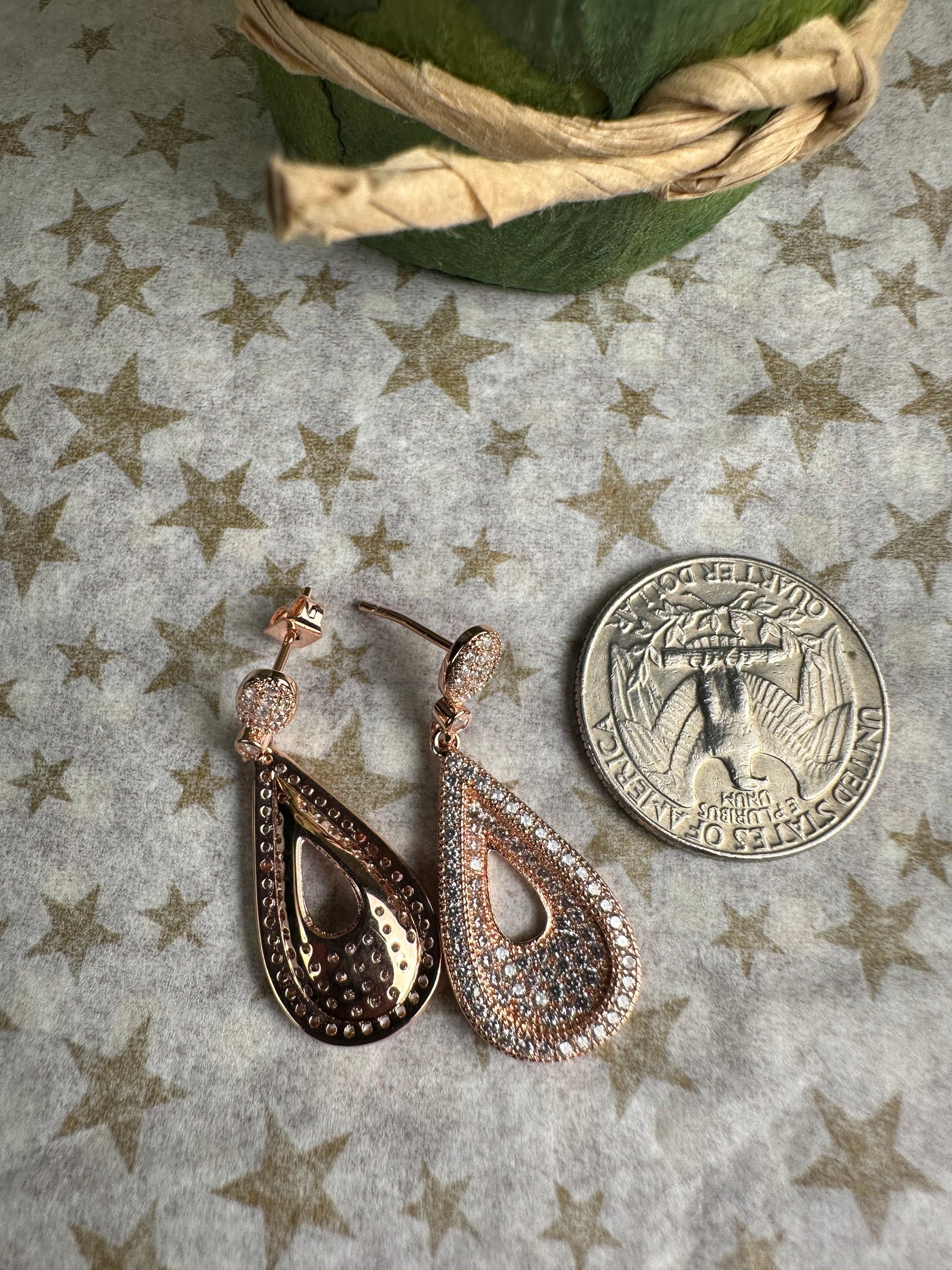 Rose Gold Tone Pave Set Cubic Zirconia Raised Rim Cut Out Tear Shape Dangling Earrings