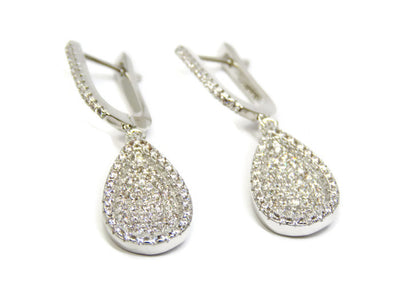 Silver Tone Concave Tear Shape Dangling Earrings with Pave Set Cubic Zirconia
