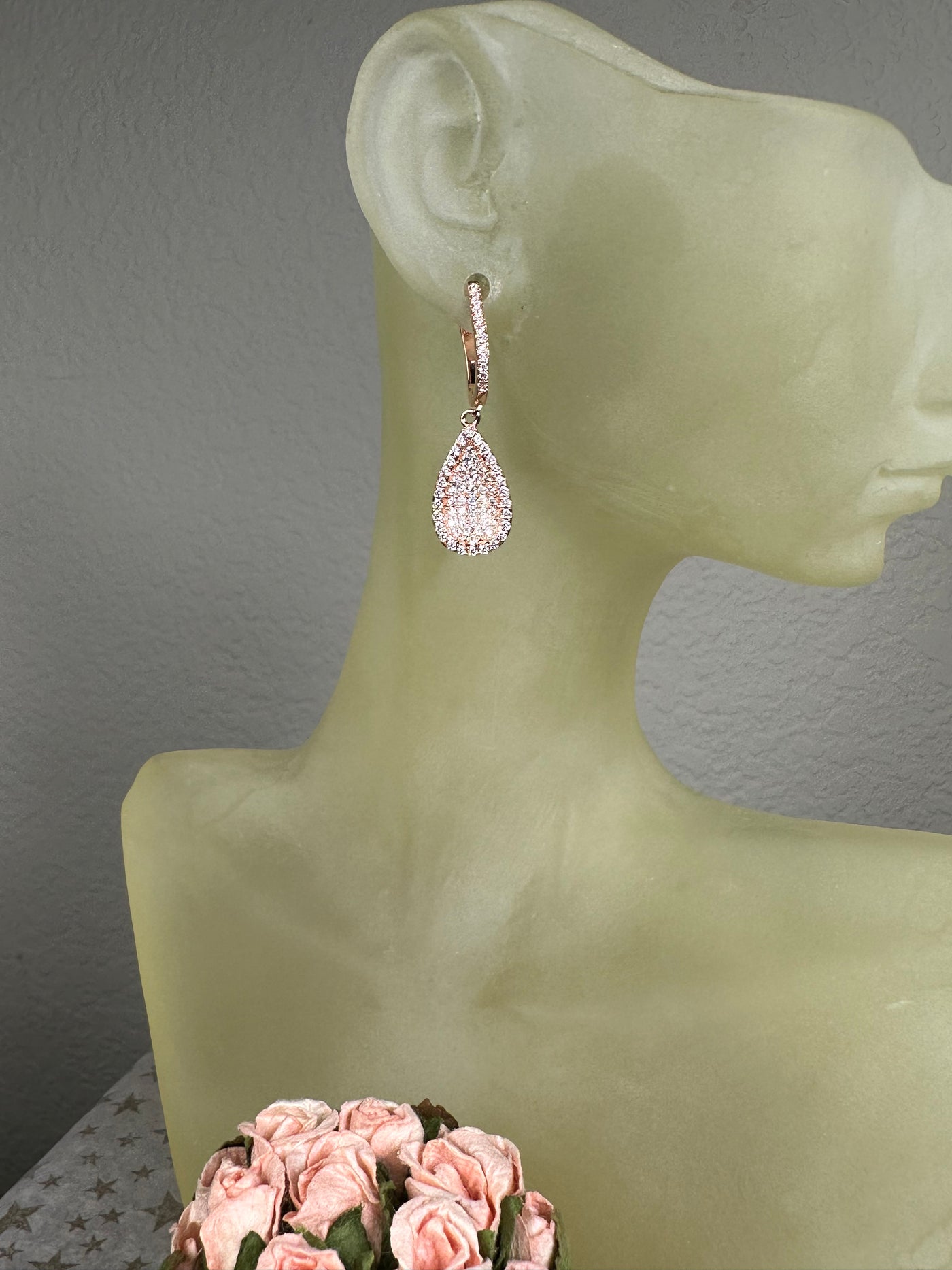 Rose Gold Tone Concave Tear Shape Dangling Earrings with Pave Set Cubic Zirconia