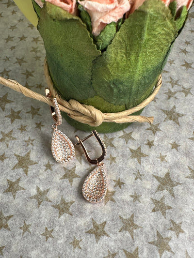 Rose Gold Tone Concave Tear Shape Dangling Earrings with Pave Set Cubic Zirconia