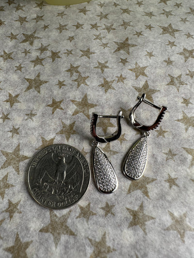 Silver Tone Pave Set Cubic Zirconia Tear Shape Dangling Earrings