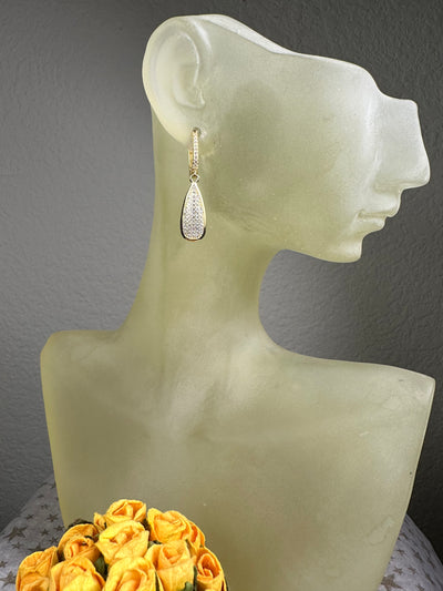 Yellow Gold Tone Pave Set Cubic Zirconia Tear Shape Dangling Earrings