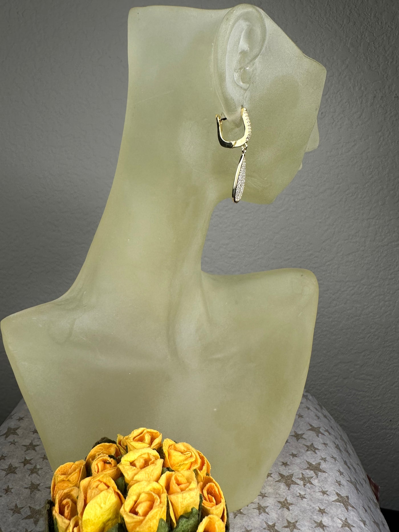 Yellow Gold Tone Pave Set Cubic Zirconia Tear Shape Dangling Earrings