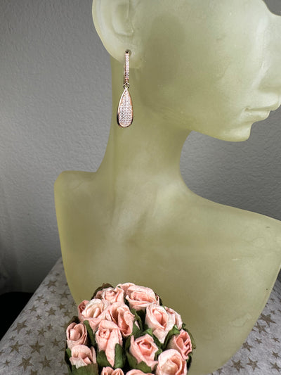 Rose Gold Tone Pave Set Cubic Zirconia Tear Shape Dangling Earrings