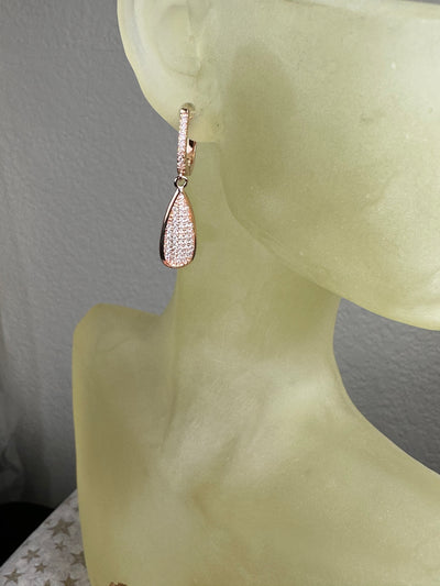 Rose Gold Tone Pave Set Cubic Zirconia Tear Shape Dangling Earrings