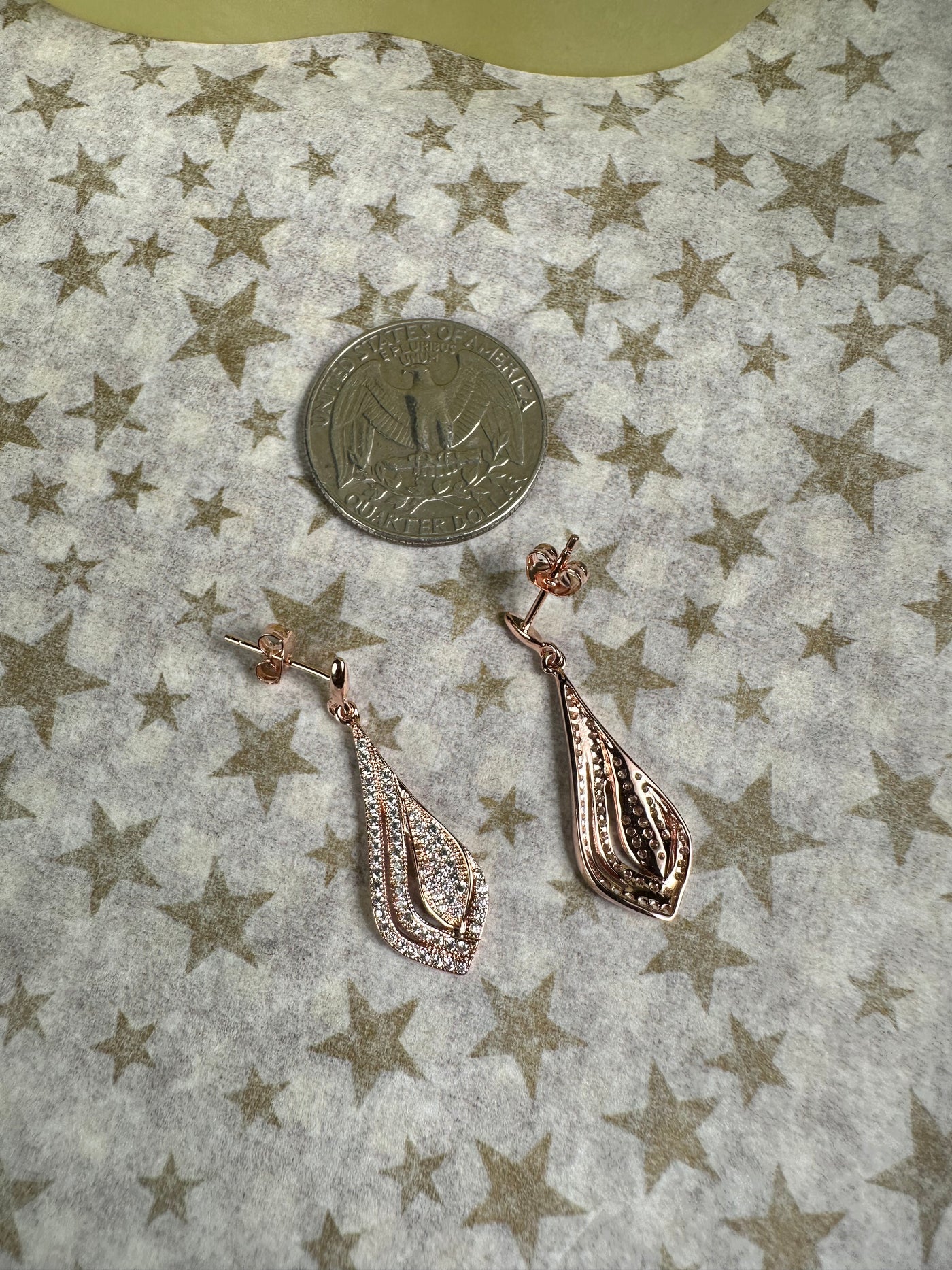 Rose Gold Tone Dangling Earrings Decorated with Pave Set Cubic Zirconia