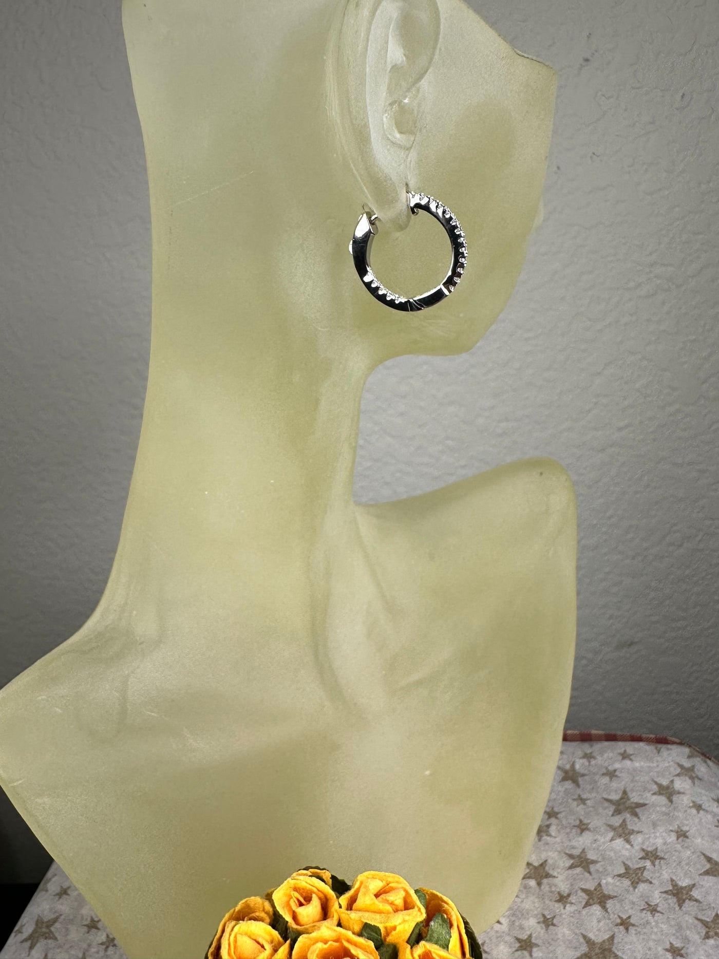 15mm Silver Tone Hoop Earrings with Pave Set Cubic Zirconia