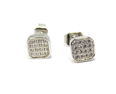Silver Tone Pave Cubic Zirconia Square Button Earrings on Post