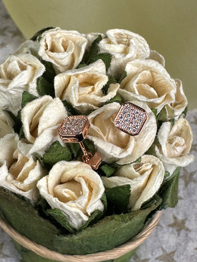 Rose Gold Tone Pave Cubic Zirconia Square Button Earrings on Post