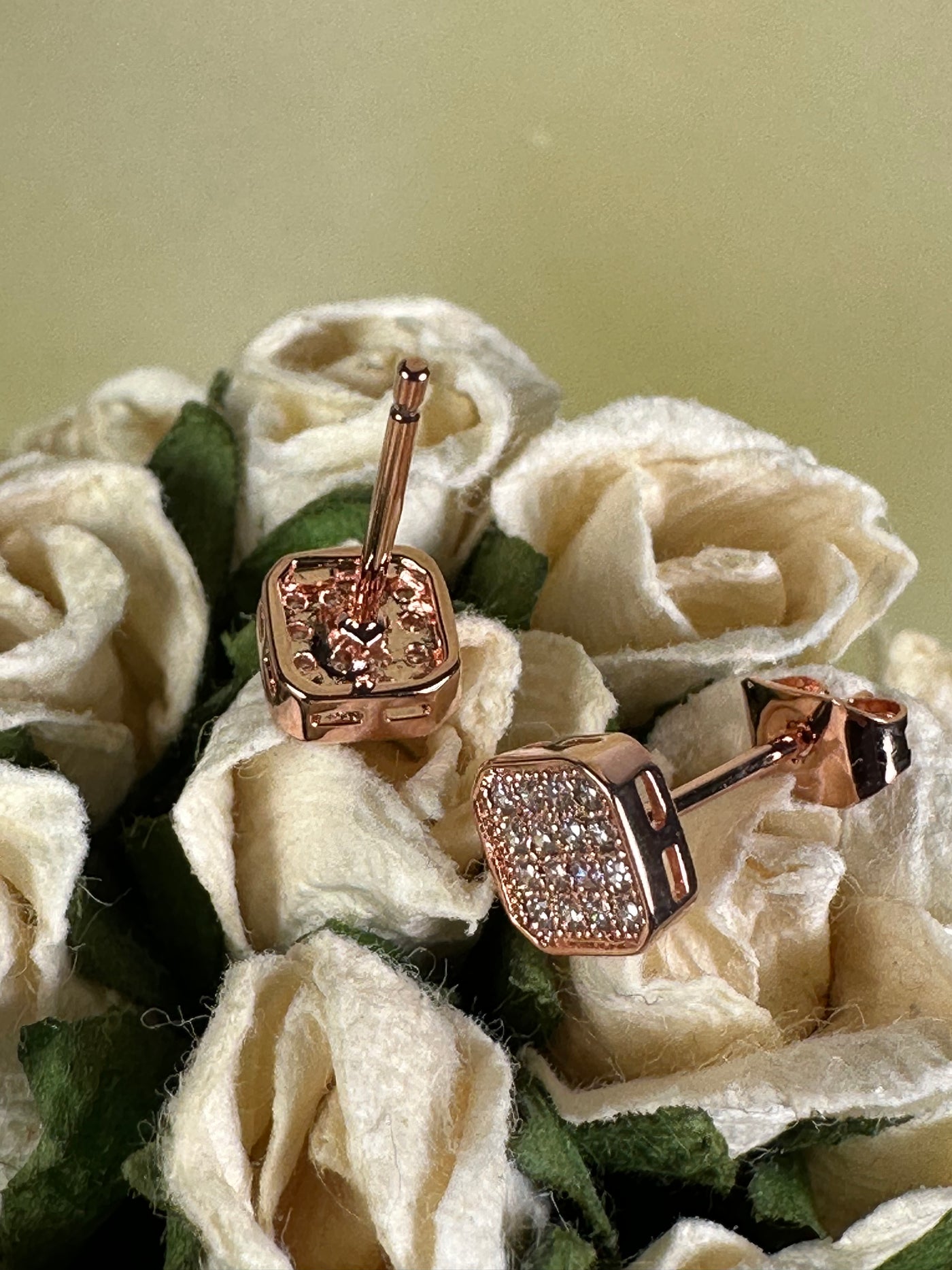 Rose Gold Tone Pave Cubic Zirconia Square Button Earrings on Post