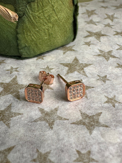 Rose Gold Tone Pave Cubic Zirconia Square Button Earrings on Post